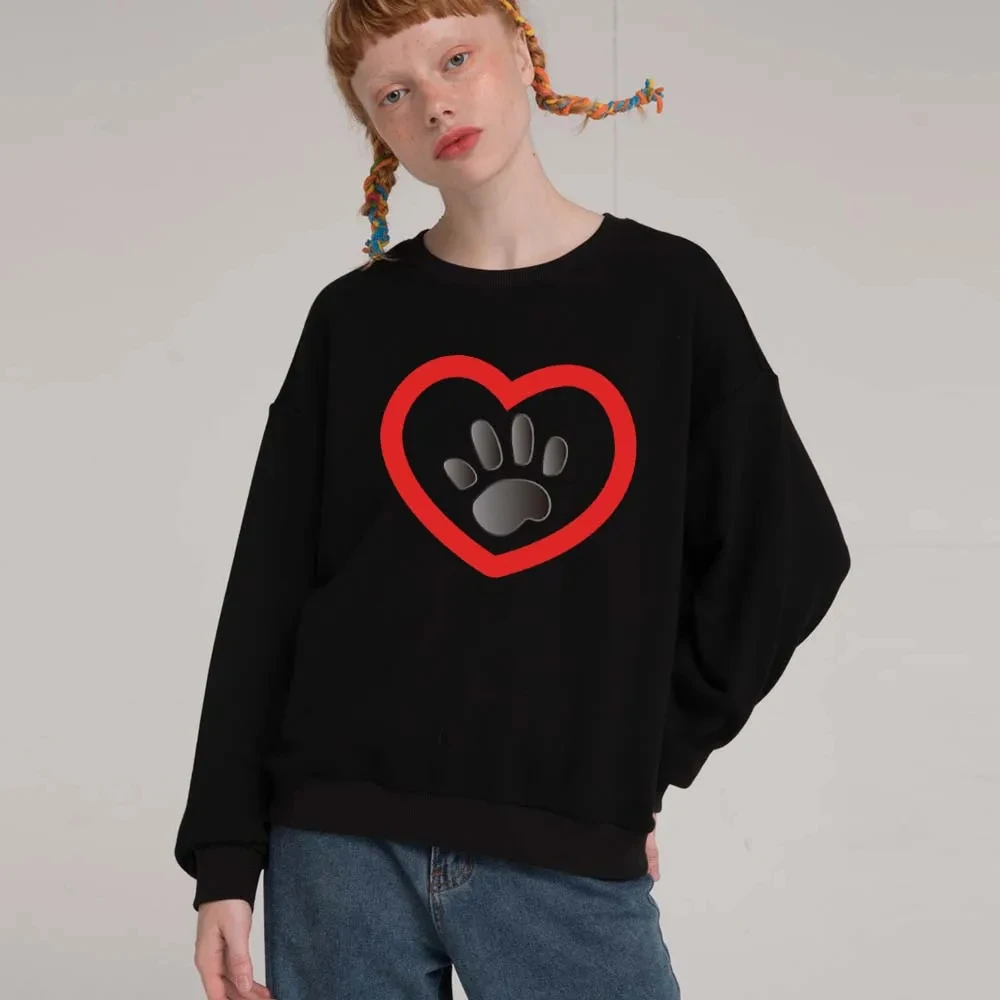 

Women's Love and dog paw print O-neck Long Sleeve Fashion Pullover Ladies Hoodie Harajuku Sweatshirt Casual Trend Pullovers