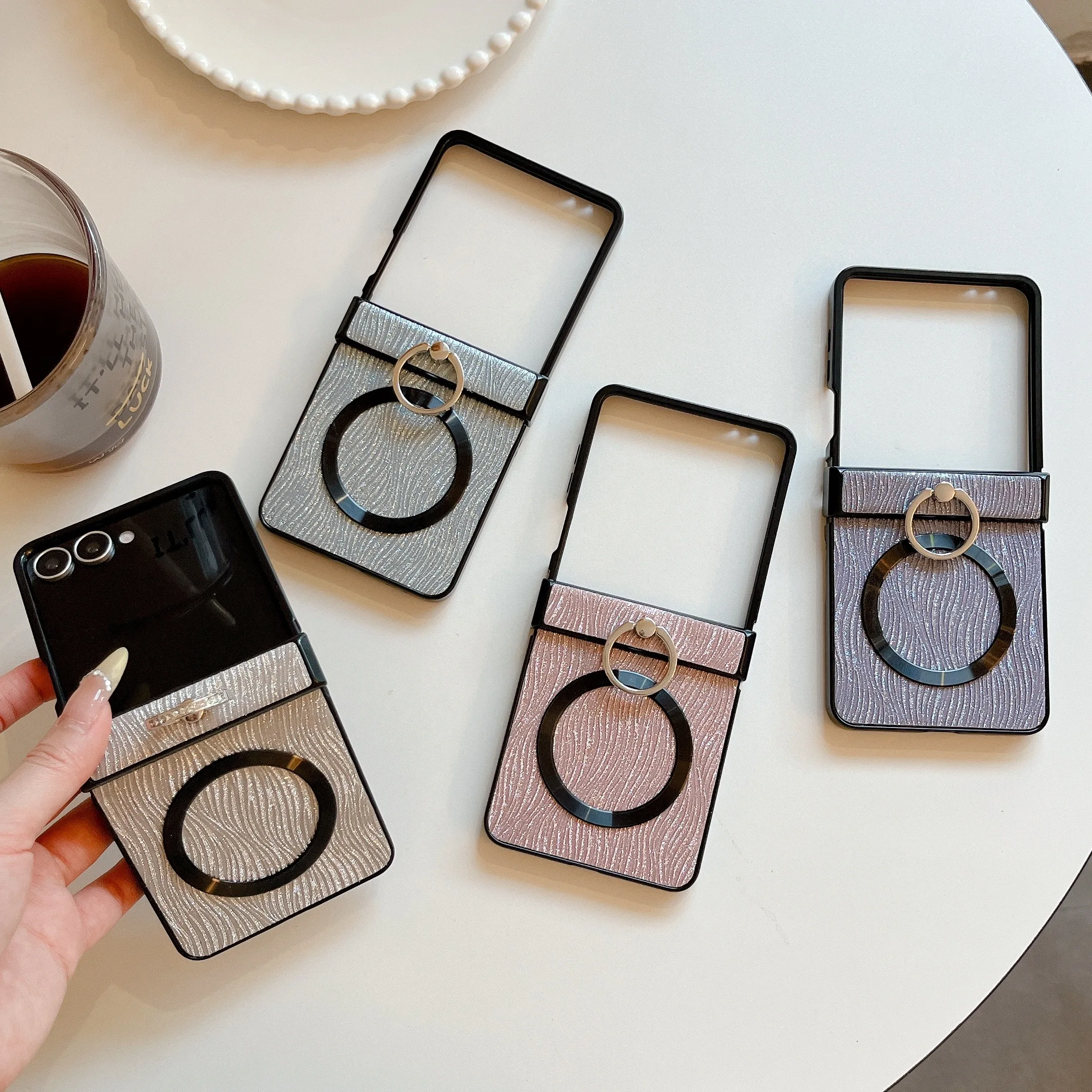 For Samsung Zflip 7 FE 6 5 4 Wave Pattern Stand Magnetic Ring Middle Axis Protective Case Cover_voghion.com