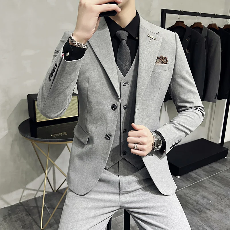 Male Suits (Blazer+Vest+Pants) 2023 New Gray Black Blue Wedding Dress Men Blazer 3 Piece Set Fashion Business Formal Jacket Sets