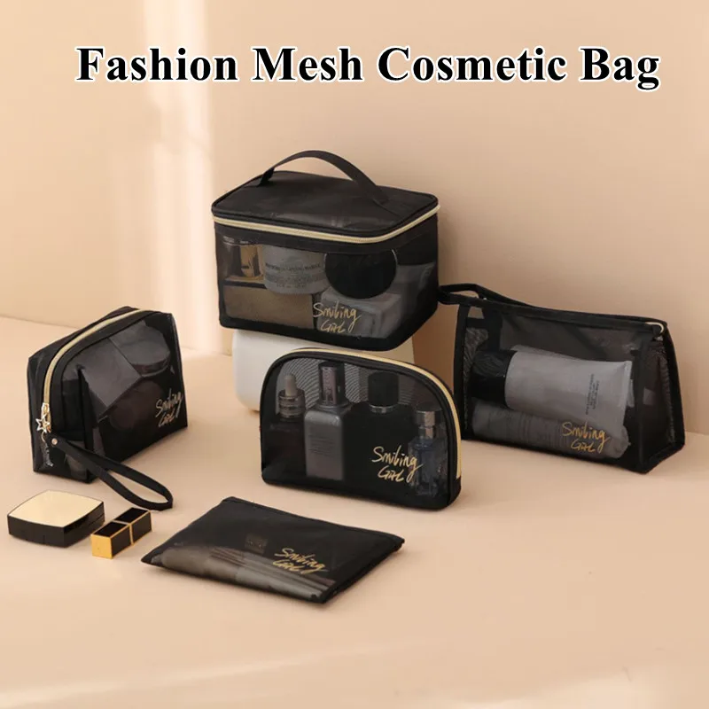 

5 Styles Mesh Breathable Cosmetic Bag Black Mesh Zipper Bag Large Capacity Travel Storage Bag Wash Bag Makeup Tools