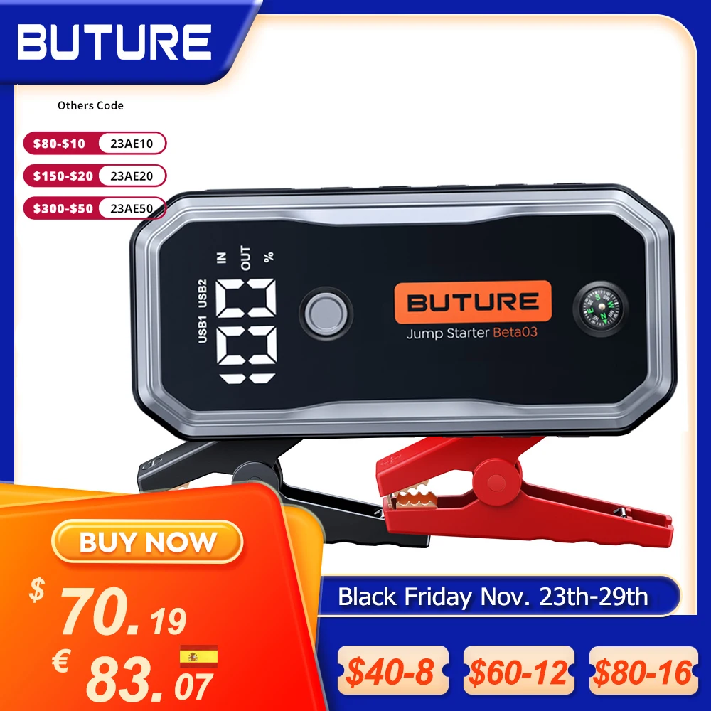 BUTURE Car Battery Jump Starters with Quick Charge, Large Display, Lights