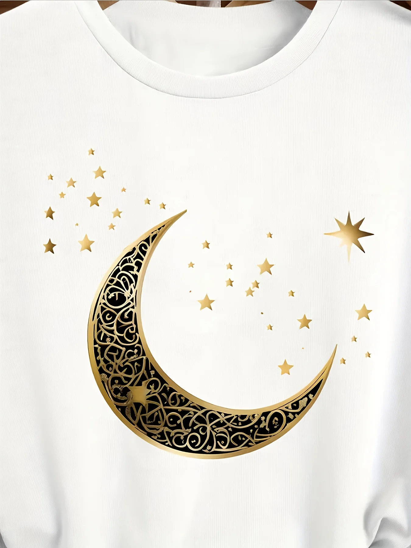 Women'S Elegant Moon Stars Print T-Shirt Casual Short Sleeve Crew Neck Top for Spring Summer Golden Print Top Comfortable Fit 4