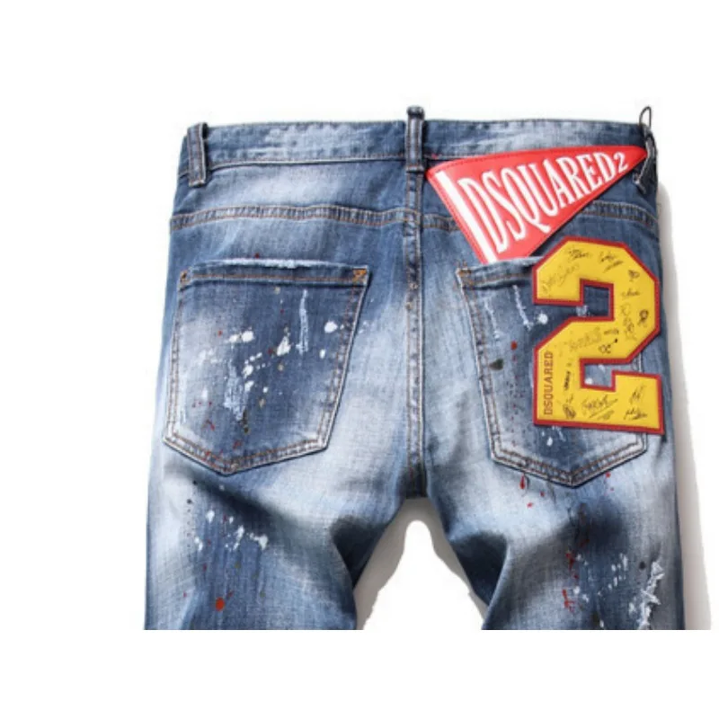 Men's Jeans Tattered Paint Men's Slim Hole Badge Stretch Jeans Retro Men's High Street Can Be Worn All Year Round 6