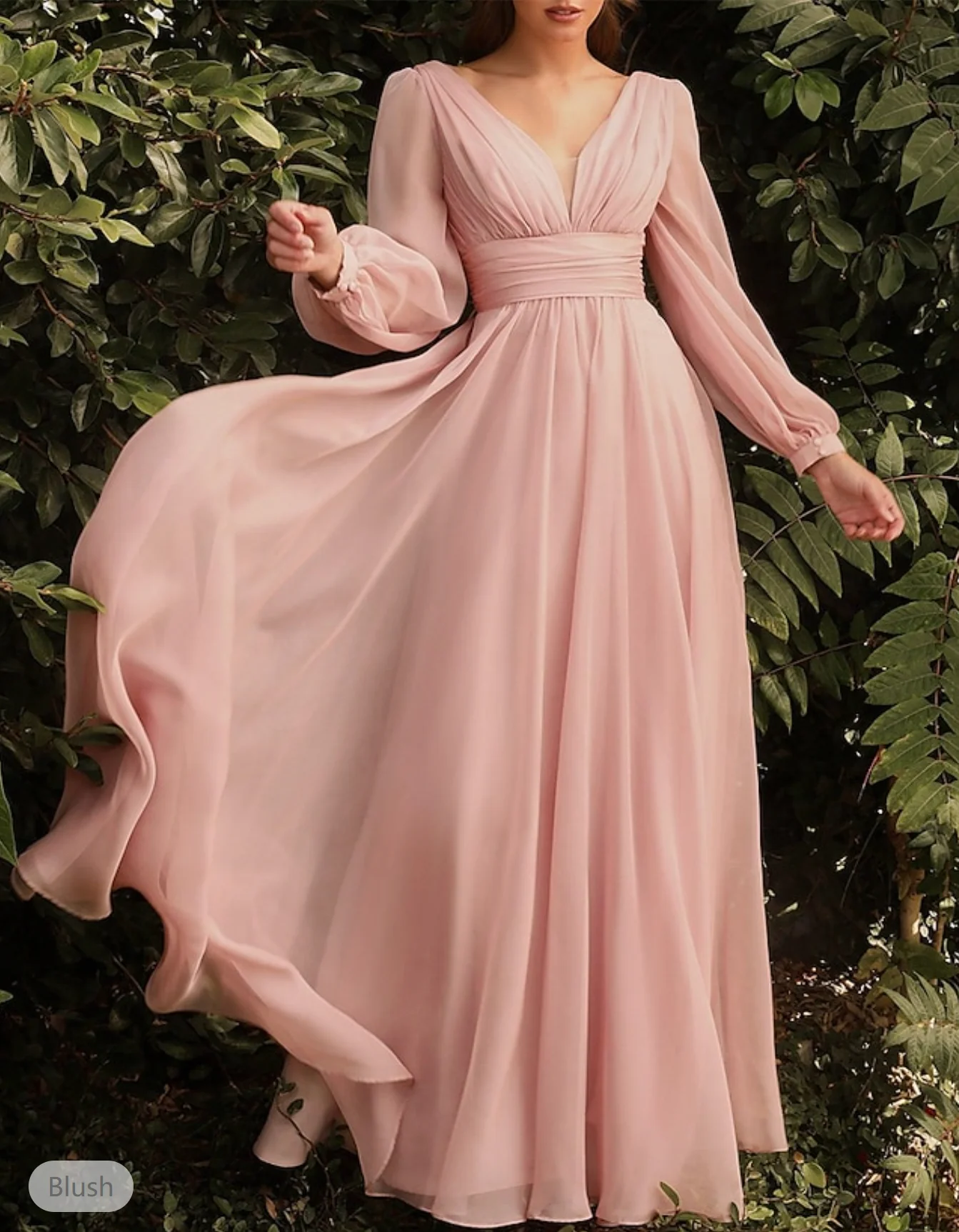 A-Line Bridesmaid Dress V Neck Long Sleeve Blue Floor Length Chiffon with Ruching / Solid Color