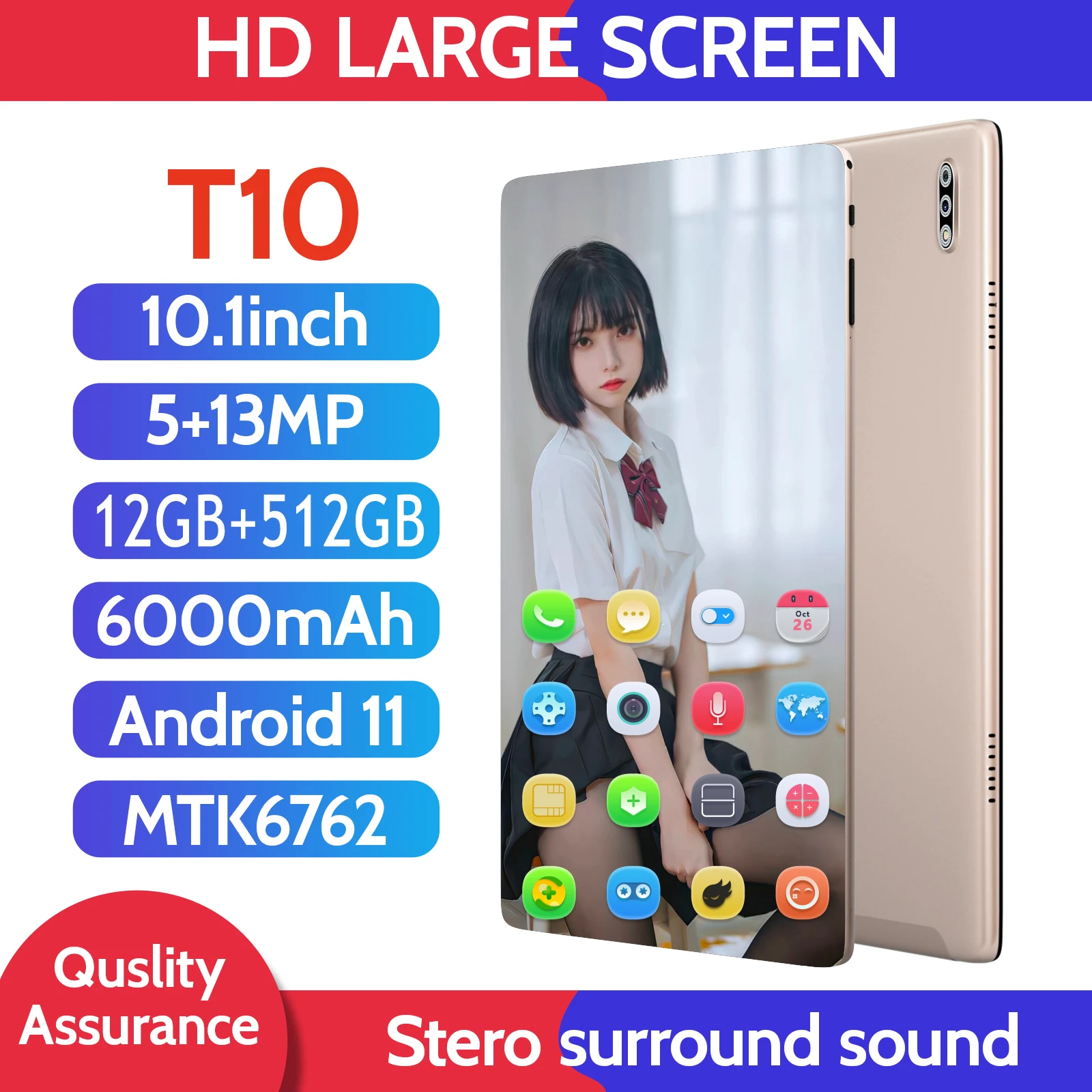10.1Inch Large Screen T10 Pad 4G 5G Double SIM 6000mAh MTK6762 Wifi 512GB ROM Android 11 Google Play Race Hot Sales Tablet PC most popular tablet brands