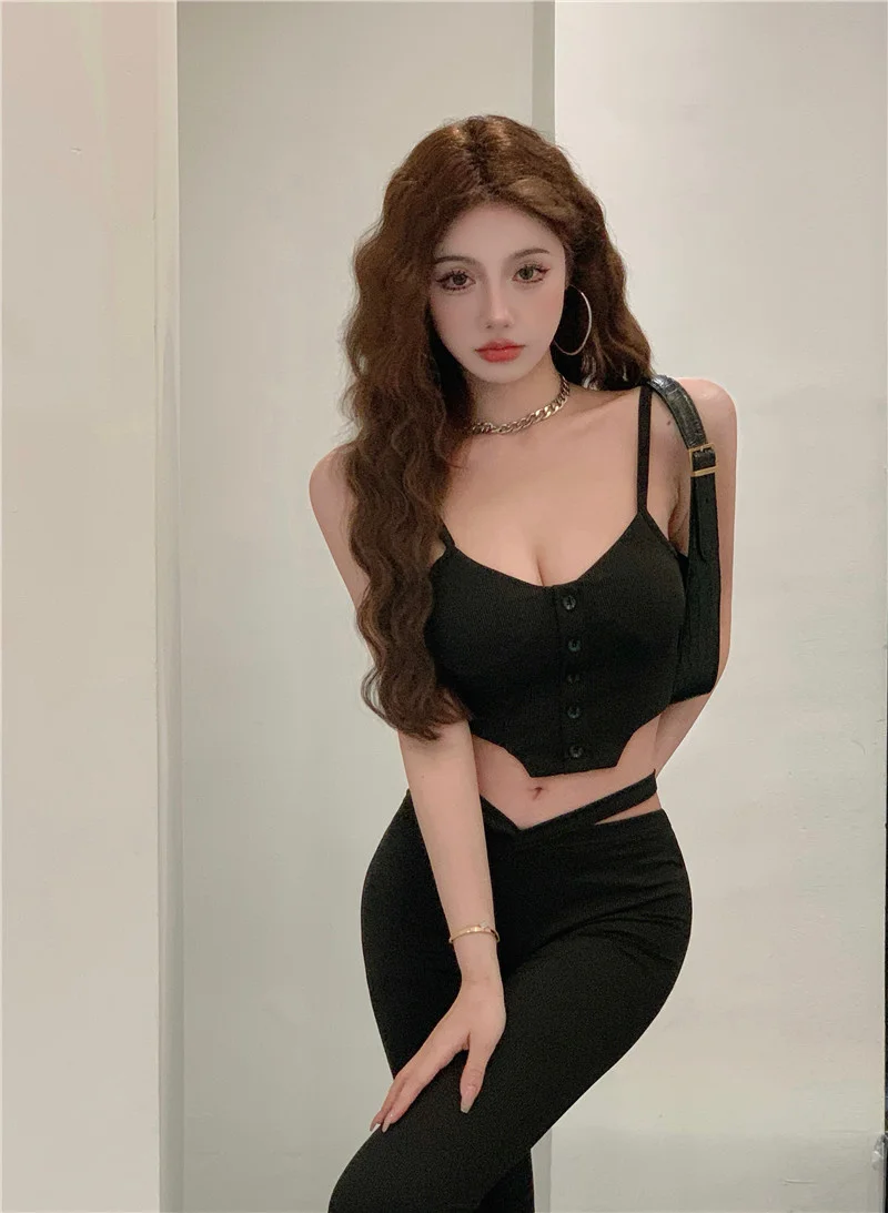 Women Suit Pants 2022 New Solid Sexy V-shaped Waist Wide Leg Pants Tight Design Suspender Vest Fashion Two-piece Set