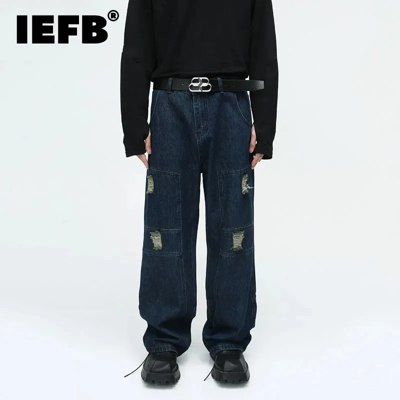 

IEFB Casual Men's Denim Pants New Fashion Hole Patchwork Pocket Jeans High Street Stitching Trousers 2023 Autumn Tide 9C2679