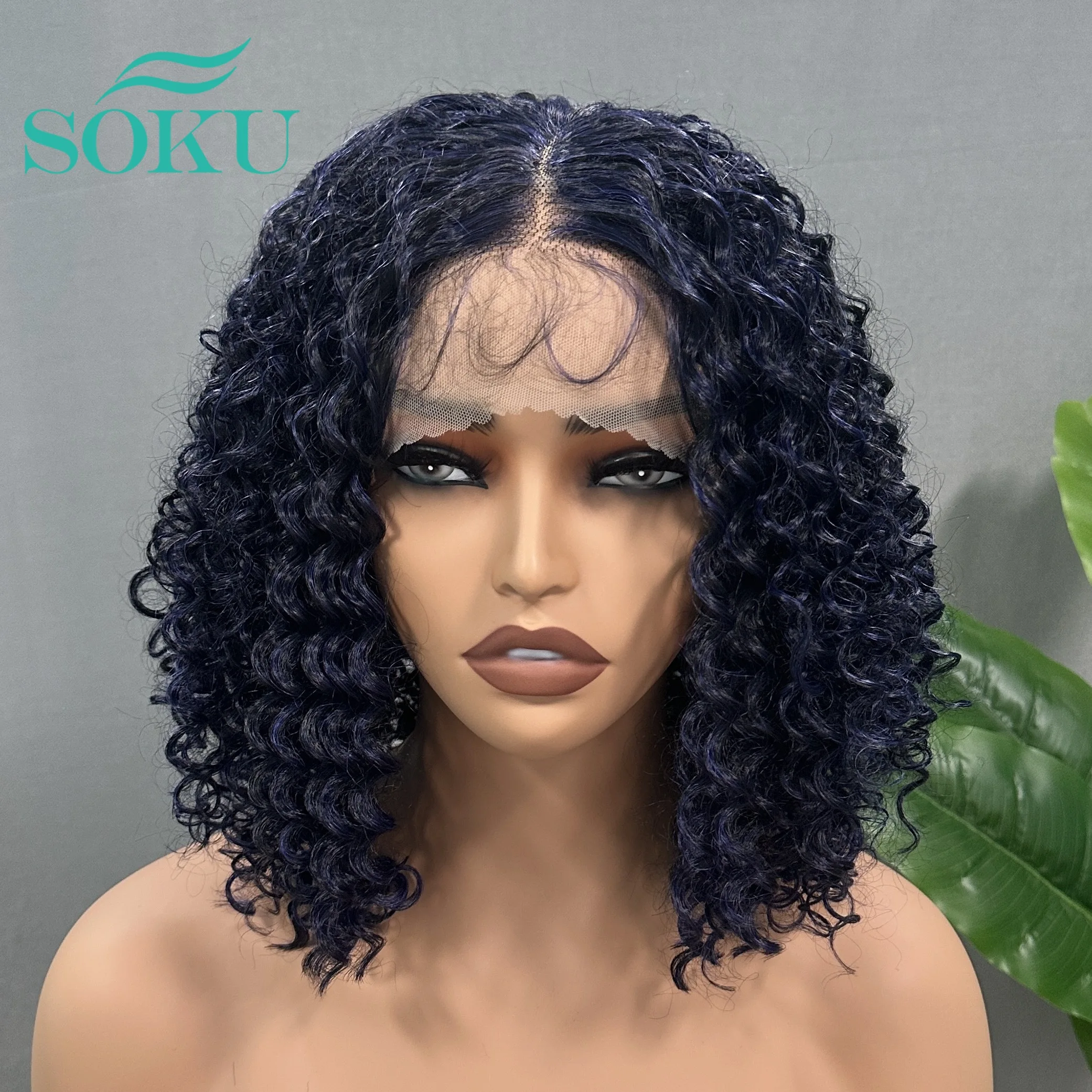 

SOKU Middle Part Lace Front Wigs 130% Density Dark Blue Short Curly Bob Wig Natural Synthetic Wig for Women Heat Resistant
