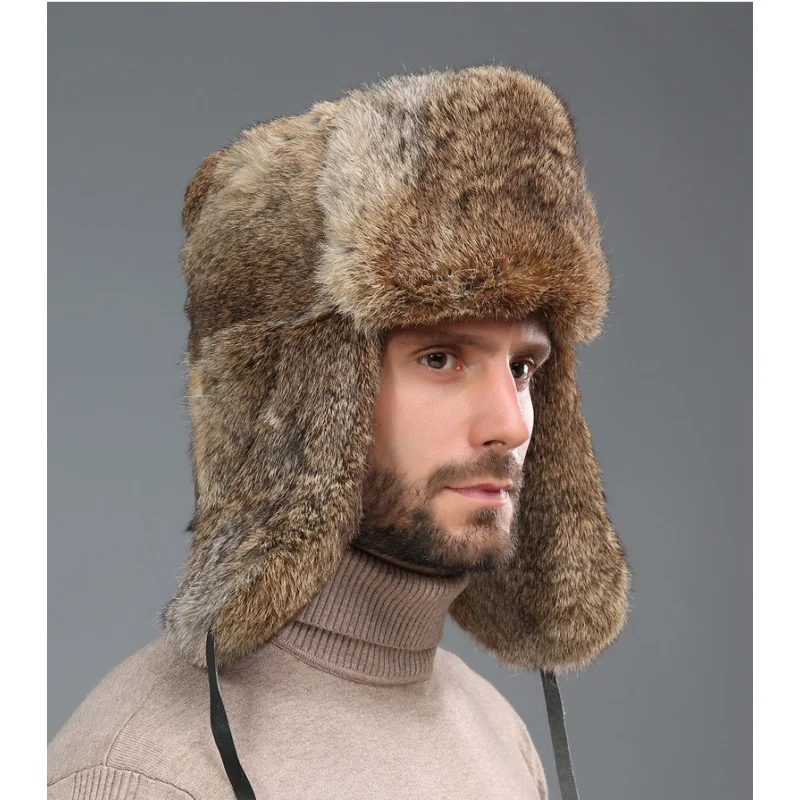 

Rabbit Fur Lei Feng Hat Men's Winter Fur Hat Thickened Northeast Outdoor Warm Ear Protection Middle-Aged and Elderly Cotton-Padd