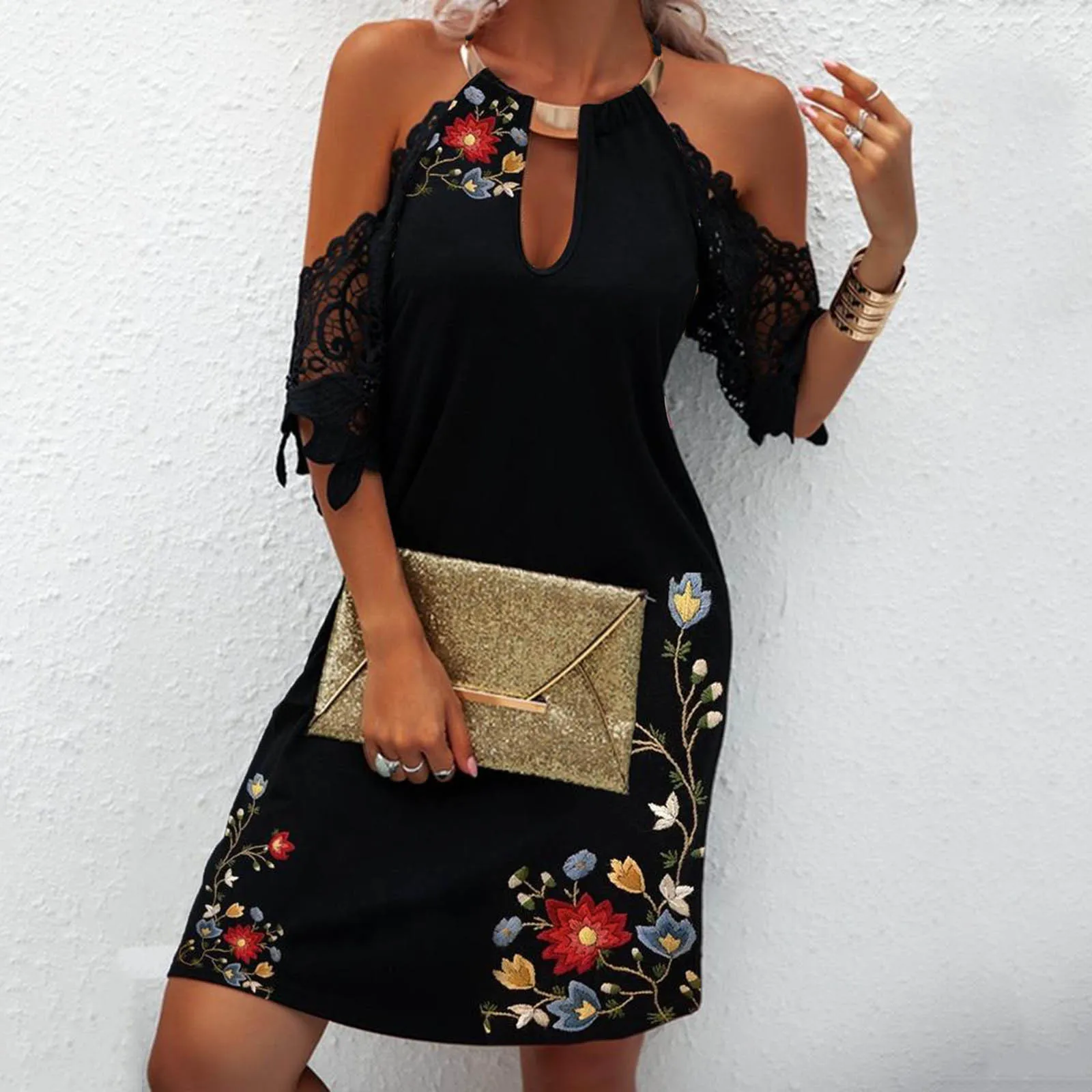 

Casual Summer Mini Dress Women Trendy Flower Print Short Sleeve Dress Sexy Elegant Halter Neck Cold Shoulder Dress Ropa De Mujer