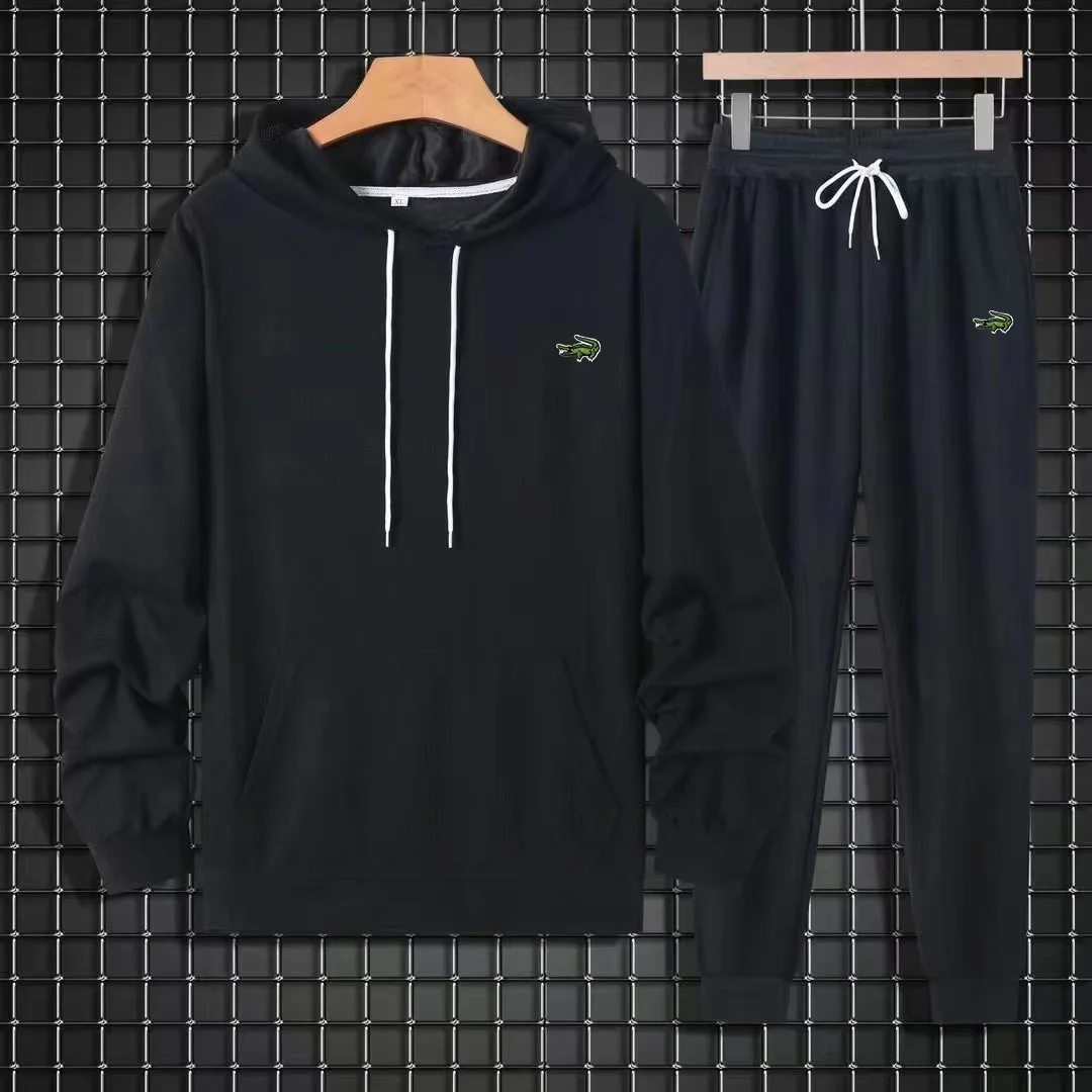

New brand embroidered waffle men's hoodie autumn and winter casual set T-shirt and pants two-piece fashion street sportswear