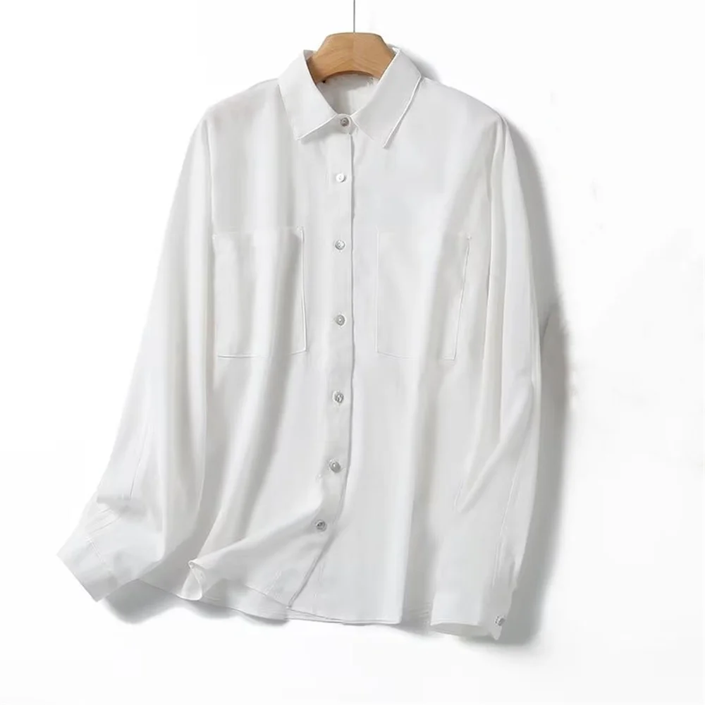 

2023 New French Style Loose Lapel White Commuting Pocket Decorated Long Sleeve Chic Shirt