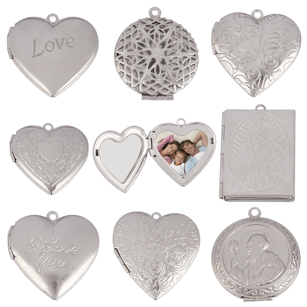 3pcs/Lot Stainless Steel Heart Box Vintage Reliquary Pendant Photo Locket DIY Necklace Handicraft Charm Jewelry Making Supplies