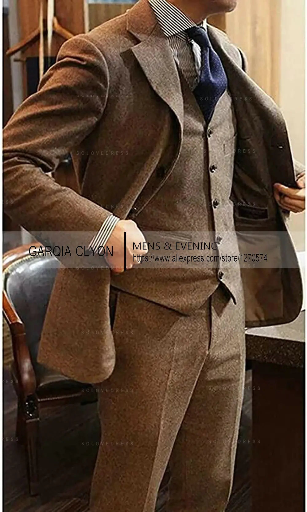 2024 Tweed Men Suits 3 Pieces Formal Business Suit Set Custom Gentle-Mens Groom Wedding Dress Blazer Suits(Jacket+Pants+Vest)