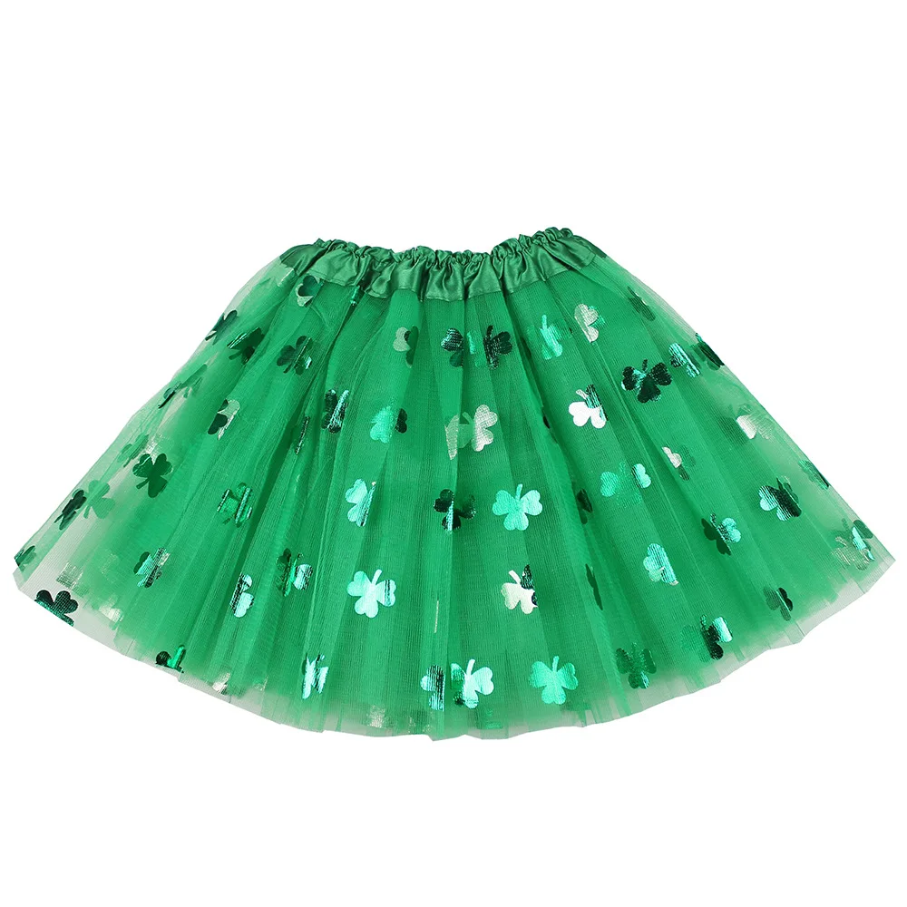 St. Patricks Day Costume Layered Tutu Skirt Shamrock Necklace Plastic Arm Warmer for Women 3PCS/Set Green Outfit