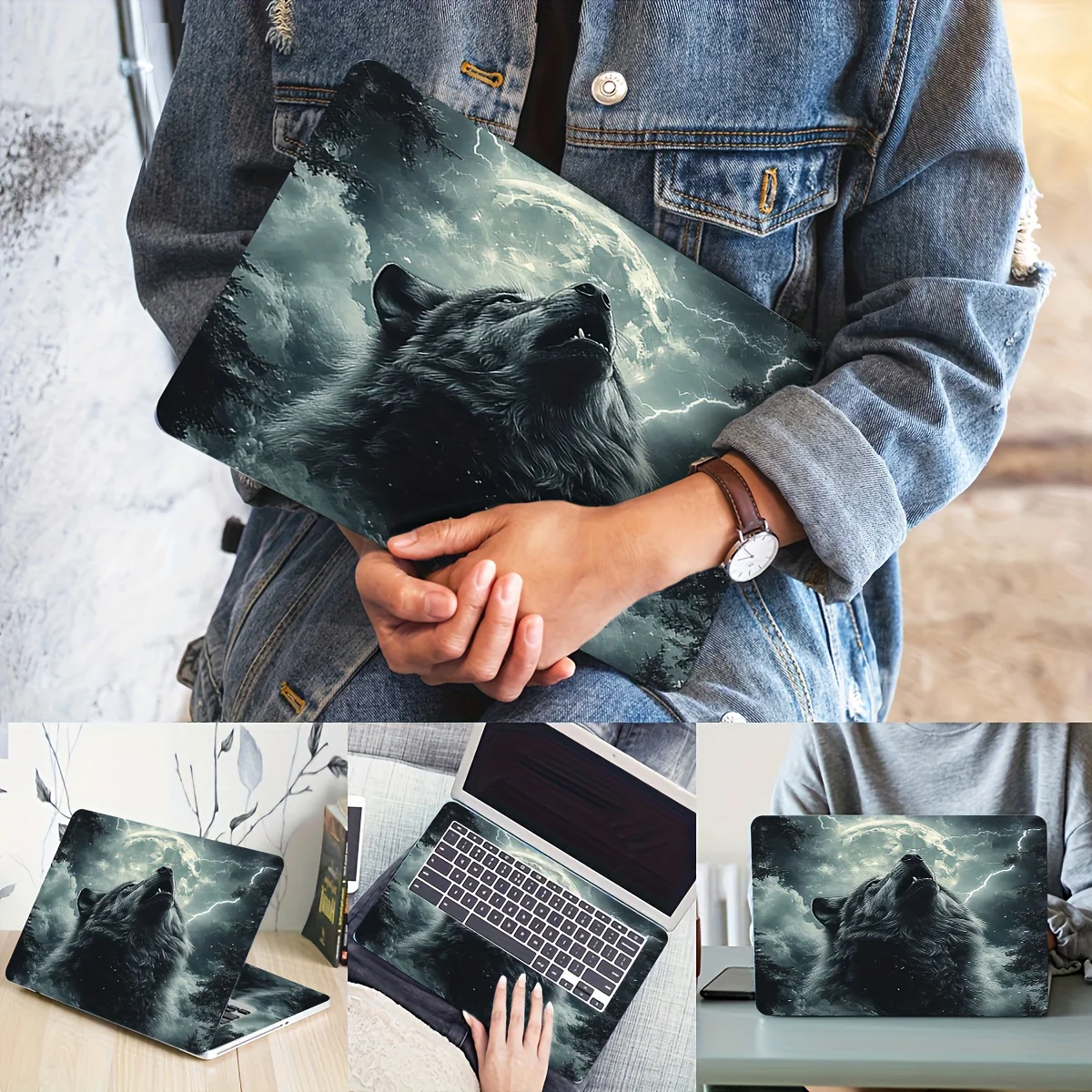 2 조각 노트북 늑대 패턴 아트 스티커 보호 커버 범용 넷북 라이트 베이지 스티커 재사용 불가 긁힘 방지