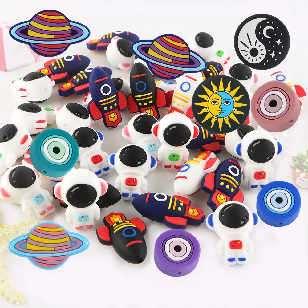 

5/10Pcs New Stereoscopic Astronaut Rocket Silicone Beads Sun Eyes For Jewelry Making DIY Necklace KeyChain Accessories