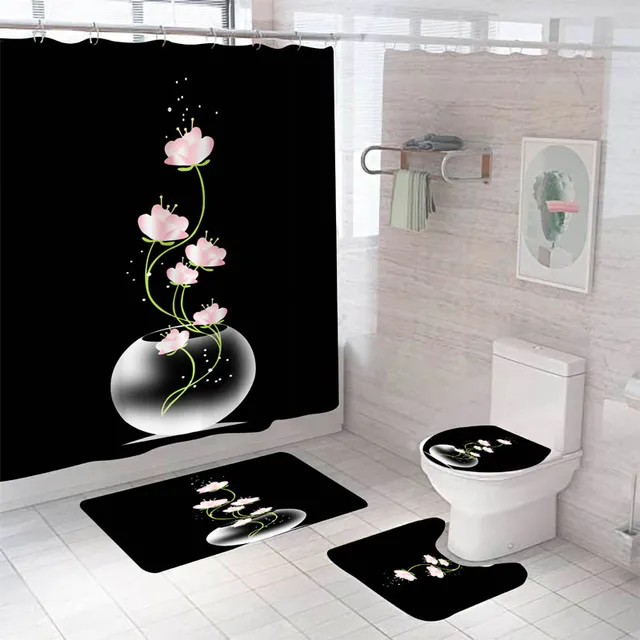 Rose Flower Shower Curtain Set Non-Slip Rugs Bath Mat Toilet Lid Cover and 12 Hooks Waterproof Polyester Bathroom Decor M-4pcs- Full Set