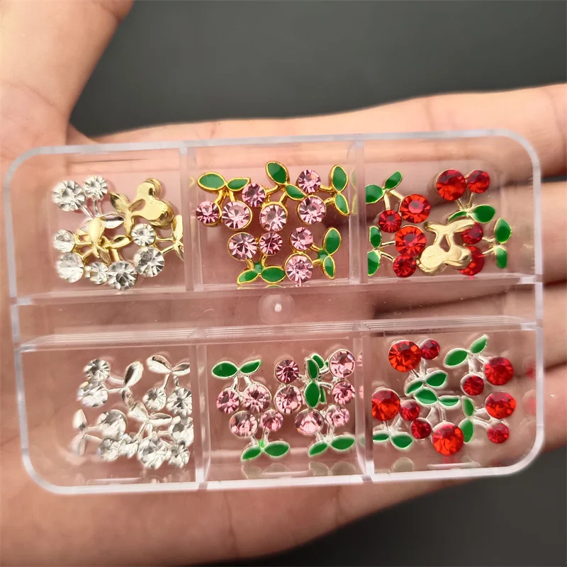 

Nails Decoration 6Grid Multi Color Alloy Cherry Love Nail Charms Flatback Crystal Nail Art Rhinestone DIY Diamonds Manicure Tips