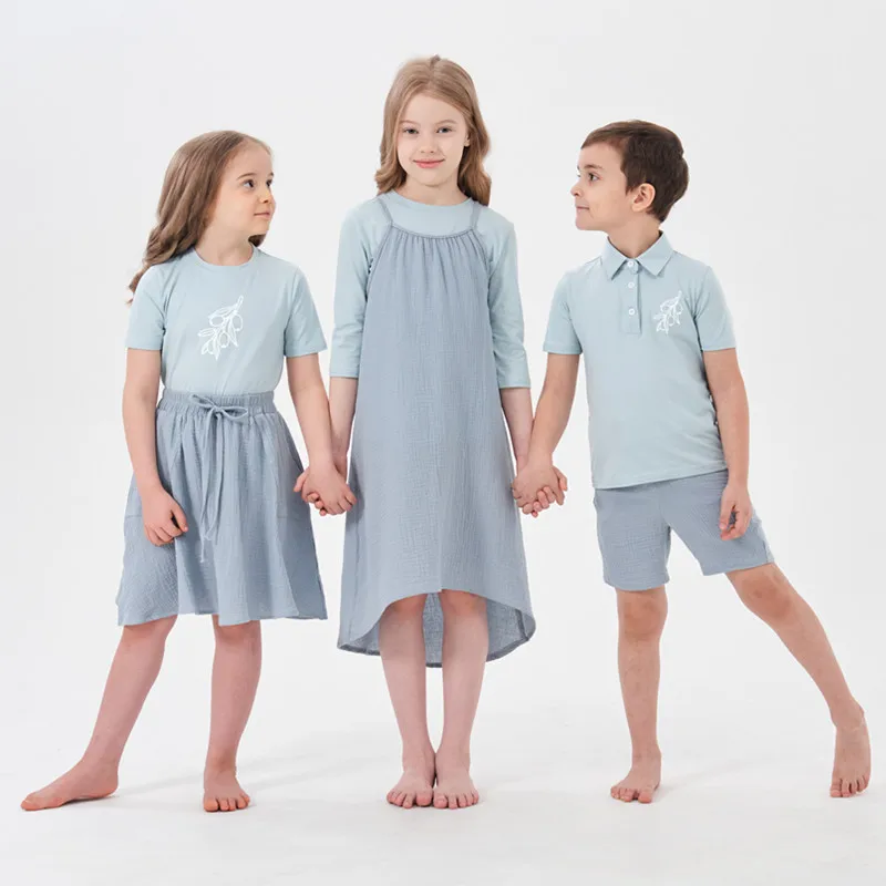 AP print muslin set kids boys girls spring summer cotton print top with muslin shorts skirts family matching casual clothing 3
