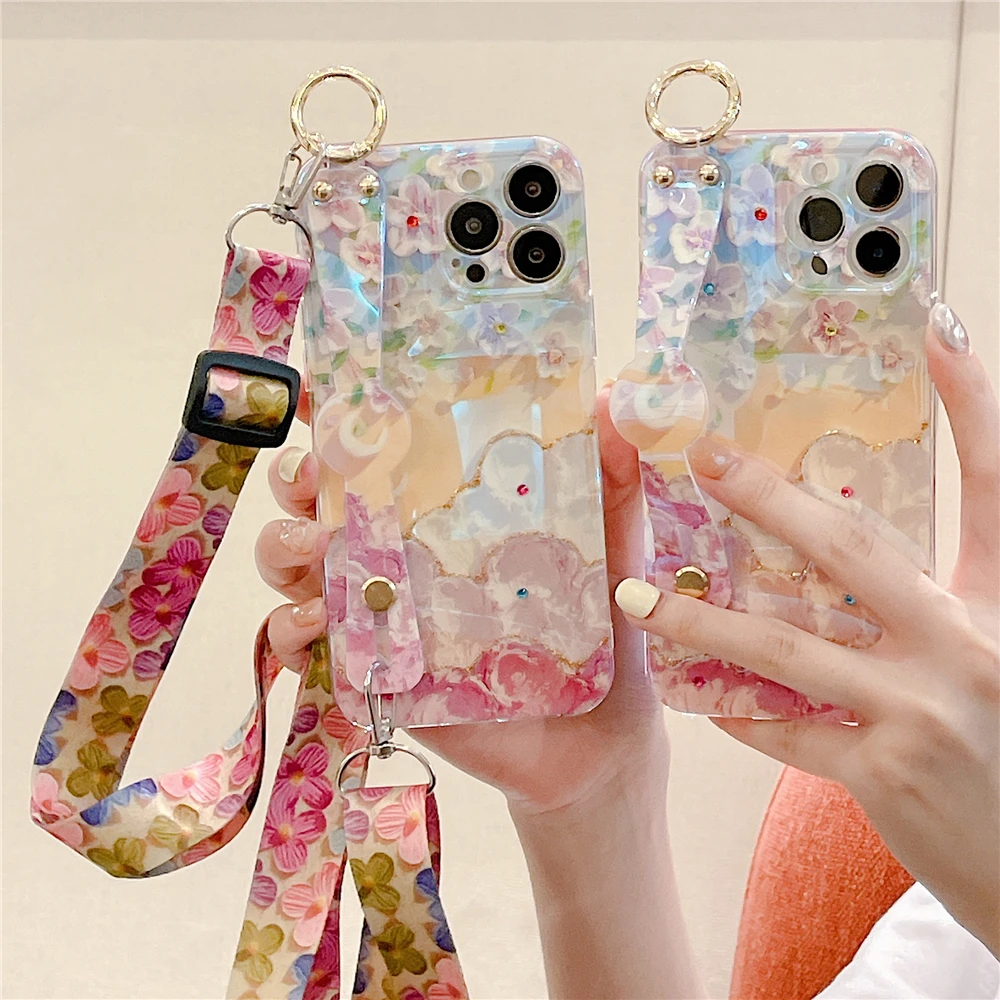 apple iphone 13 case Lanyard Oil Painting Crossbody Wrist Strap Glitter Flowers Case For iPhone 11 12 13 Pro Max XS X Soft Shockproof Holder Cover iphone 13 cover