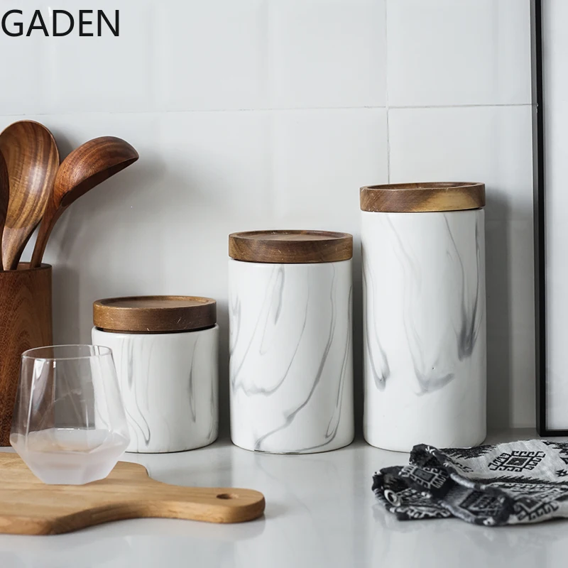 NordicMarblePatternStorageJarwithWoodenLidCeramicAirtightJar