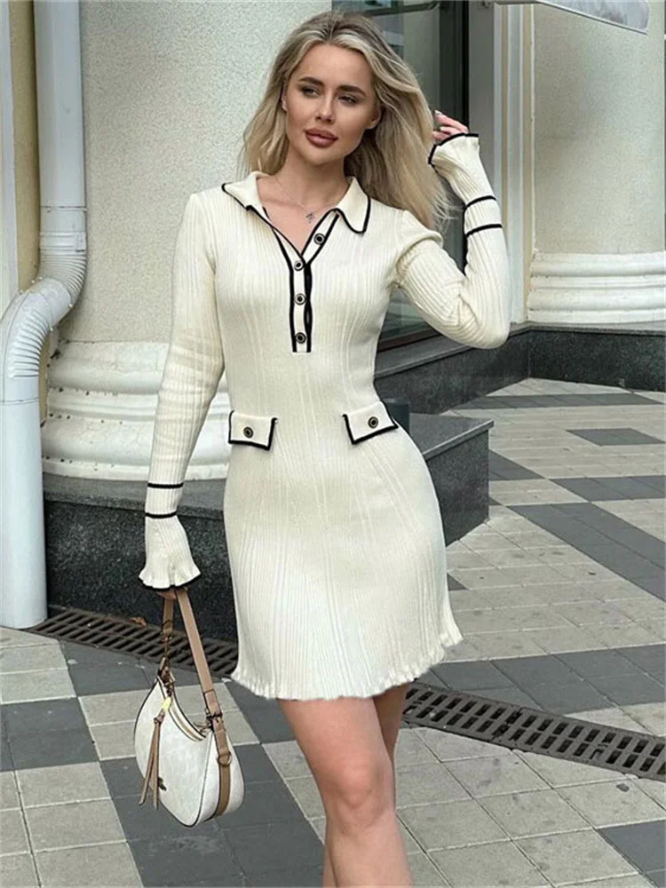 

Slim Temperament Long Sleeved Knitted Dress Women 2024 Spring New Short French Pit Stripe Tight Lapel Dress