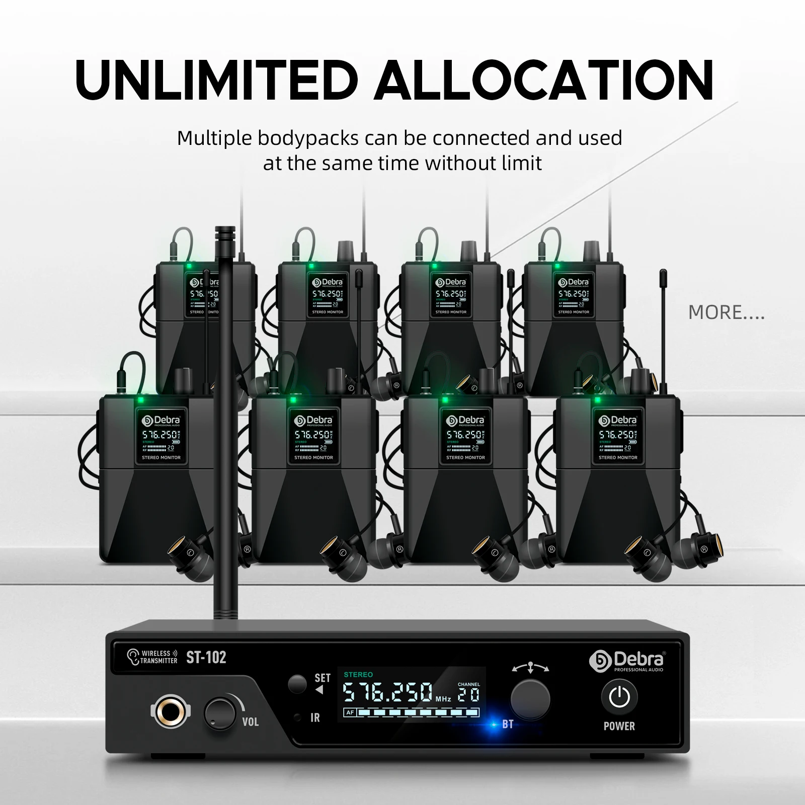 Debra Stereo IEM wireless in-ear monitor system ST-102 with Bluetooth UHF range 80-300m for stage, recording, instrument,drummer wireless in ear monitor