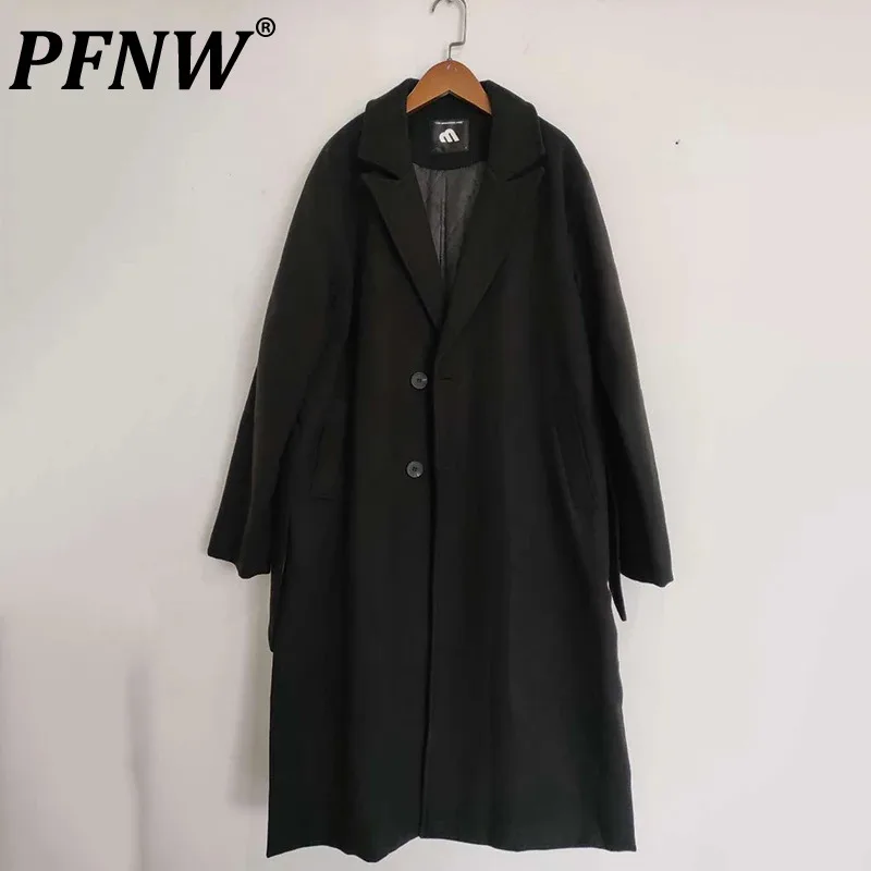 

PFNW Korean Trend Men Windbreaker Loose Casual Pure Cotton Thicken Overcoat Autumn Winter Fashion Knee Long Woolen Trench 9D1655