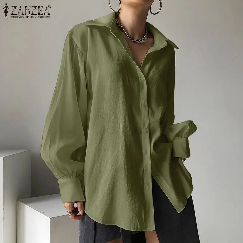 ZANZEA Women's Casual Collared Long Sleeve Shirts Button Down Cotton Tops Blouse