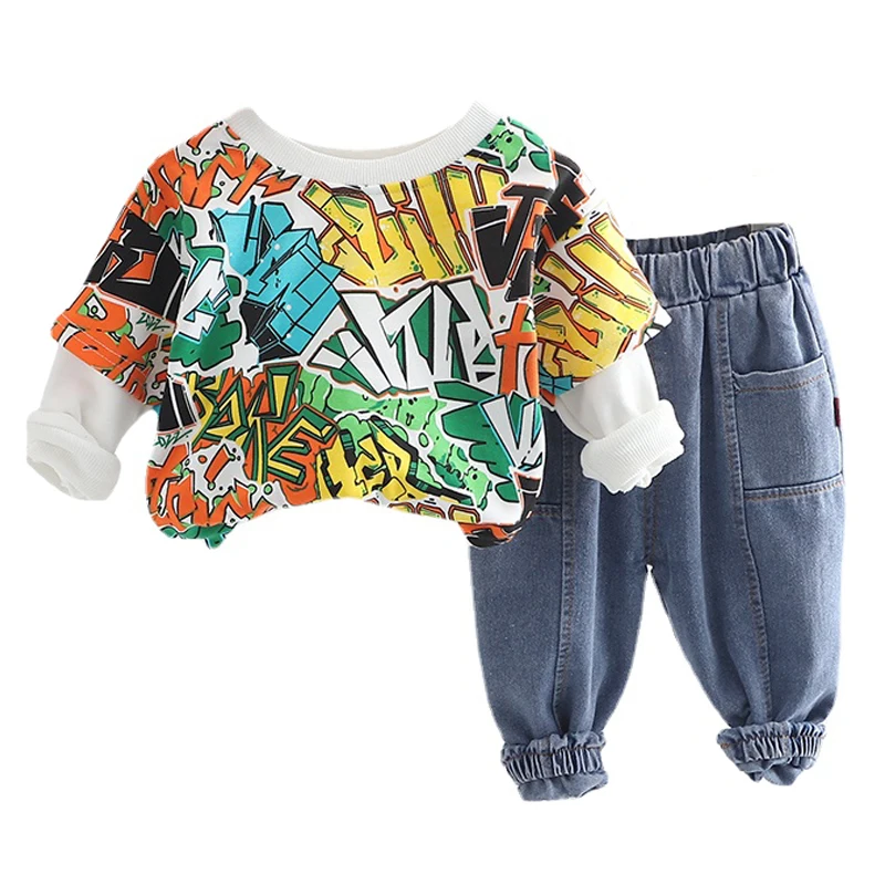

Girls Boys Clothing Sets Autumn Kids Printed T-shirt Jeans Toddler Infant Outfits Children Sportswear Clothes Baby Tracksuit