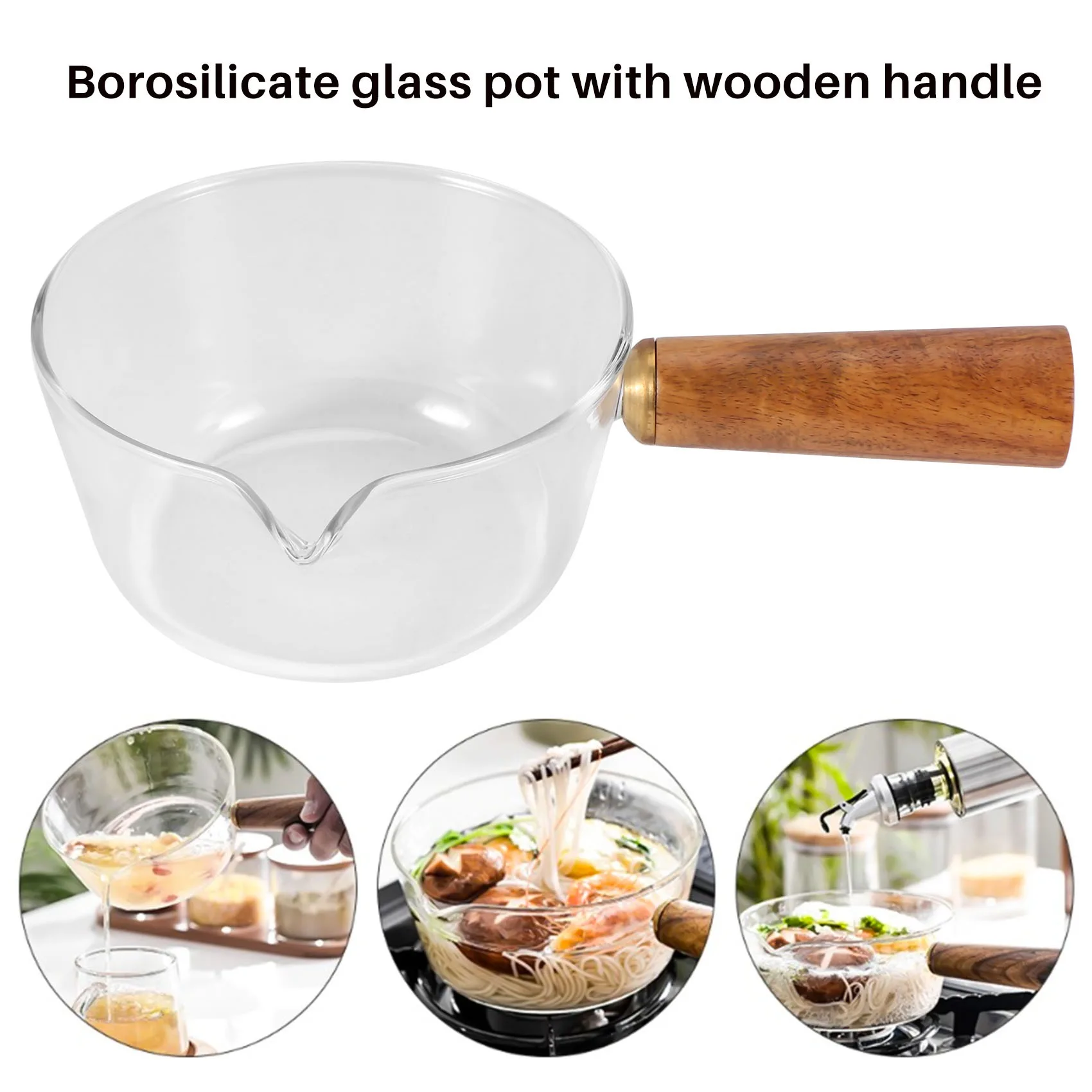 Glass Milk Pot with Wooden Handle 400Ml Cooking Pot for Salad Noodles Gas Stove Cookware 2