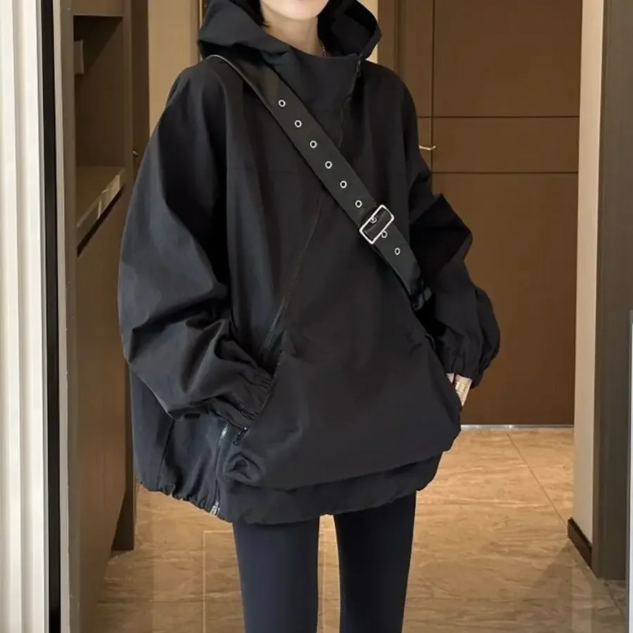 여성 후드 자켓 대각선 지퍼 디자인 빈티지 가을 헐렁한 패션 BF 스타일 야외 Chaqueta Mujer 레저 All-match Lady
