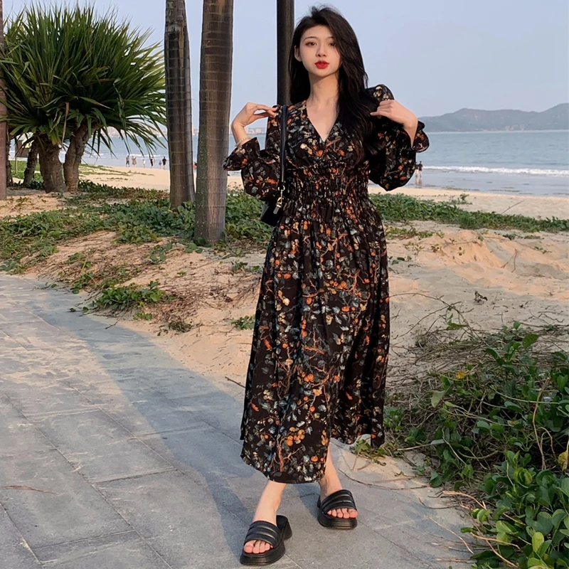

2023 Dress Tall Deep V-Neck Sexy Slim Waist Fragmented Flower Women'S Retro Style Ankle Free Shipping