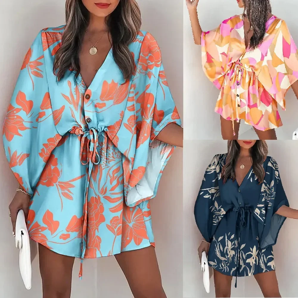 sexy women autumn mini dress floral print v neck 3 4 bat sleeve lace up irregular hem casual loose beach cover up dress 2023 Summer New Women's Casual Bohemia Beach Vacation Miniskirt Printed Bat Sleeve Lace up V-Neck Loose Button Party Dress