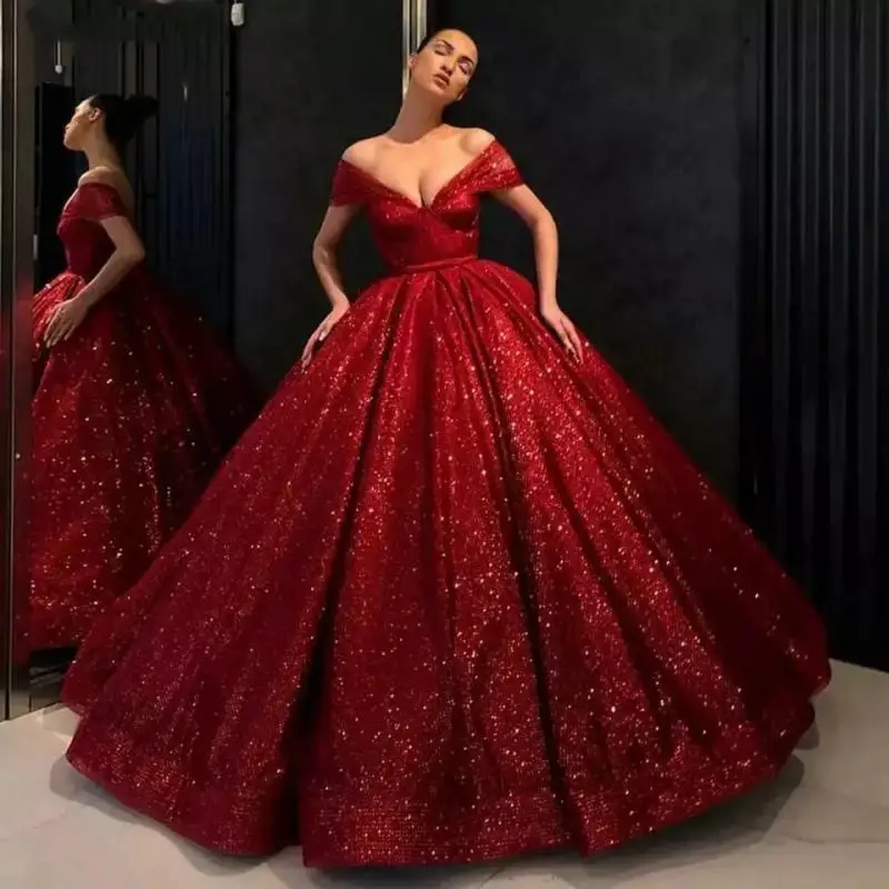 

Sparkly Red Off The Shoulder Ball Gown Quinceanera Dress 2024 Princesss V-Neck Glitter Sequined Party Elegant Evening Prom Gowns