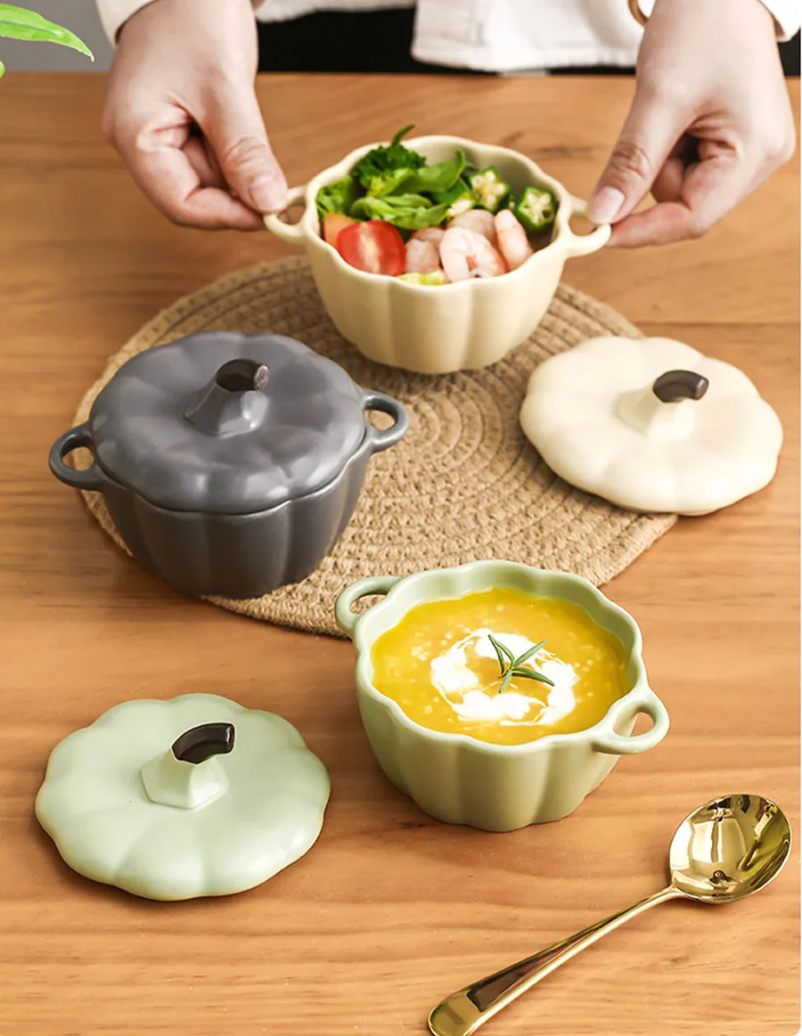 250ml Kürbisform Keramikschüssel mit Deckel Salat Müslischale Glasur Suppe Brei Backgeschirr Ofen Party Backform Küchengeschirr_voghion.com