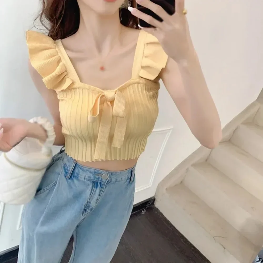 New Summer Ruffled Knitted Camisole Women Short Tank Top Summer Solid Square Neck Sleeveless Bow Elastic Waist Strap Top