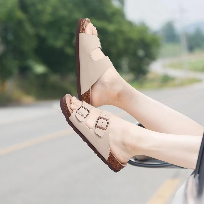 Bebealy 2024 Women Cork Slippers Summer Flat Slippers Women Mules Outdoor Soft Beach Sandals With Arch Support Adjustable Buckle
