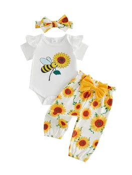 Adorable Baby Girl Sunflower Print Romper with Matching Shorts and Headband 3-Piece Set for Summer Fashion 1