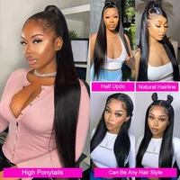 Perruque Smilegirl 360 Lace Straight en cheveux humains, perruque frontale 360 Full Lace, noire naturelle, avec dentelle HD, pré-épilée, nœuds blanchis, perruque queue de cheval haute pour femmes noires 7