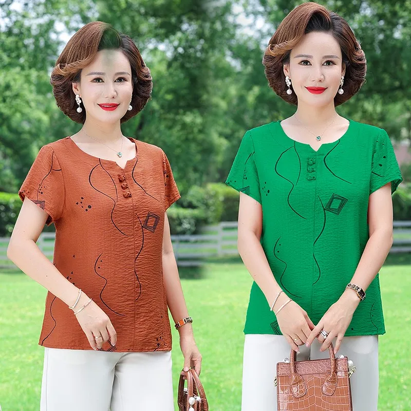 

Женский пуловер с круглым вырезом и пуговицами, модная Облегающая рубашка из хлопка и льна с принтом и коротким рукавом