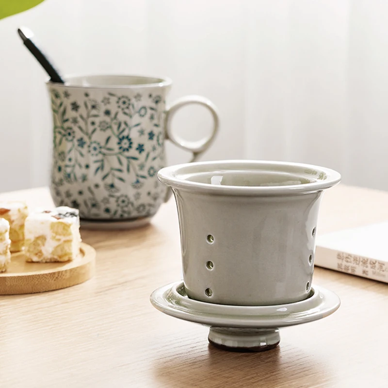 Chinese Style Ceramic Cartoon Floral Pattern Mug, Personal Creative Teacup, With Cover Filtered Tea Water Separation, 320ml, 1Pc