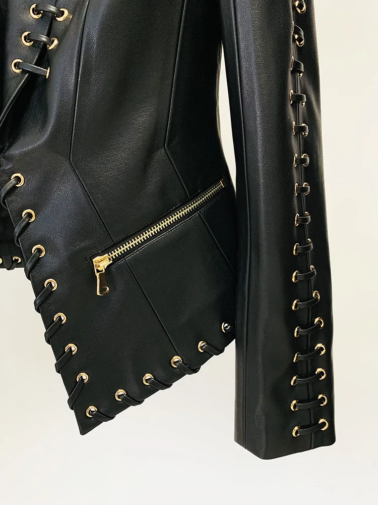 HIGH QUALITY Newest Fashion 2024 Designer Jacket Women's Rope Lacing Up Slim Fitting Leather Blazer 6