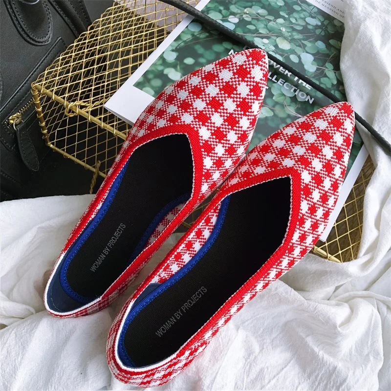Luxury Women Flats Shoes Knitting Shoes Woman Ballet Flats Fashion Loafers Pointed Slip-On Leopard Print Breathable Boat