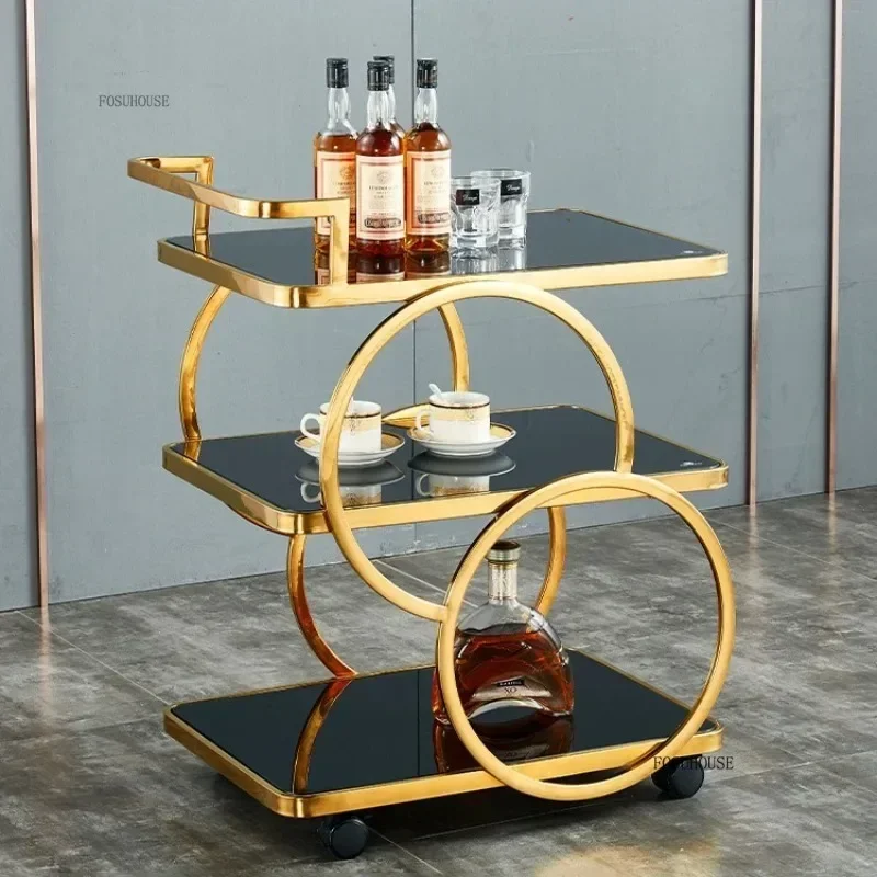 Luxury Rolling Bar Tables Trolley Kitchen Islands Metal Wine Rack Serving Trolleys Cart Sideboards Shelf Hotel Furiture