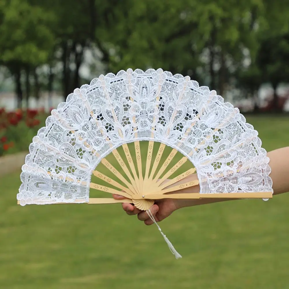 

Lightweight Fabric Hand Fan Elegant Vintage Style Folding Fan with Lace Trim Tassel Pendant for Wedding Party Home for Stage