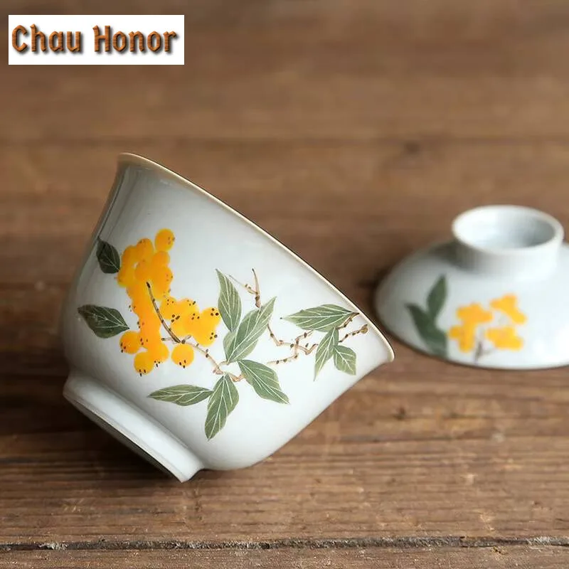 150ml Japanese Style Underglaze Color Hand-painted Loquat Cover Bowl Ceramic Tea Cup Kung Fu Tea Set Tea Bowl Tea Ceremony Gift