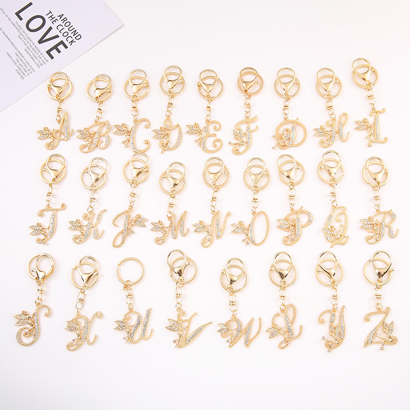 Fashion Alloy Rhinestone English 26 Letter Keychain Gold Color Cute Angel Design Bag Car Key Pendant Trendy Jewelry Accessories