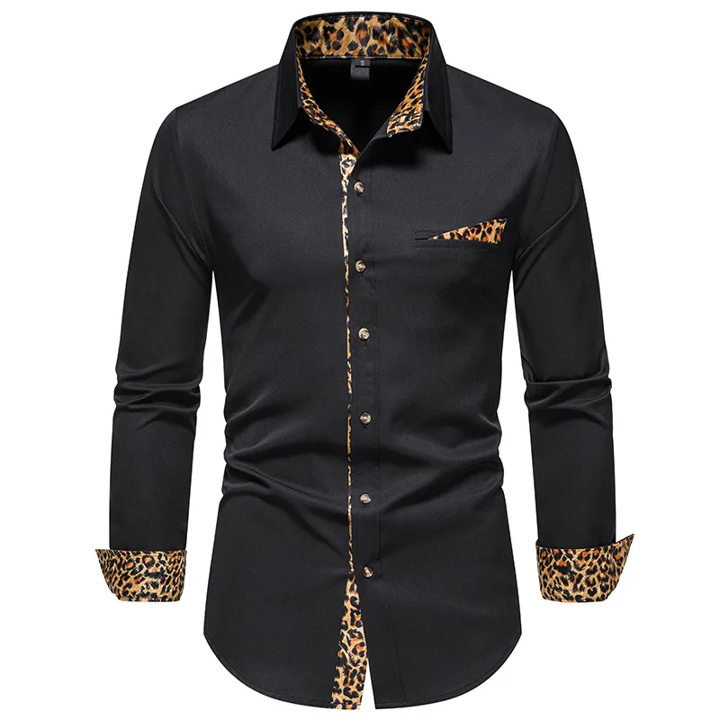 

Mens Slim Long Sleeve Button Up Dress Shirts Hipster Patchwork Leopard Print Shirt Men Party Business Casual Social Shirt Male